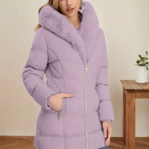 Name: Elegant Mid-Length Hooded Coat with Plush Fur Trim, Versatile Trendy Colors for Women