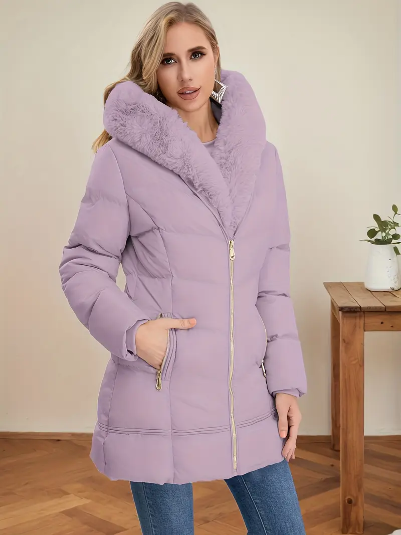 Name: Elegant Mid-Length Hooded Coat with Plush Fur Trim, Versatile Trendy Colors for Women