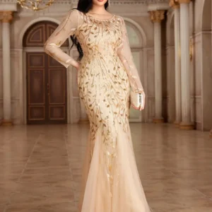 Long Sleeve Fully Lined Women's Fishtail Maxi Dress with Embroidered Mesh Back Zipper for Evening Wedding Party