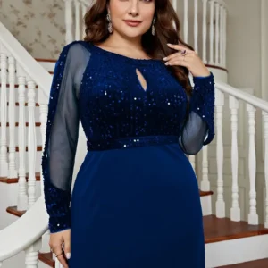 Long Sleeve Fully Lined Women's Fishtail Maxi Dress with Embroidered Mesh Back Zipper for Evening Wedding Party