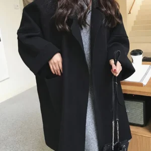 Name: Elegant Mid-Length Hooded Coat with Plush Fur Trim, Versatile Trendy Colors for Women