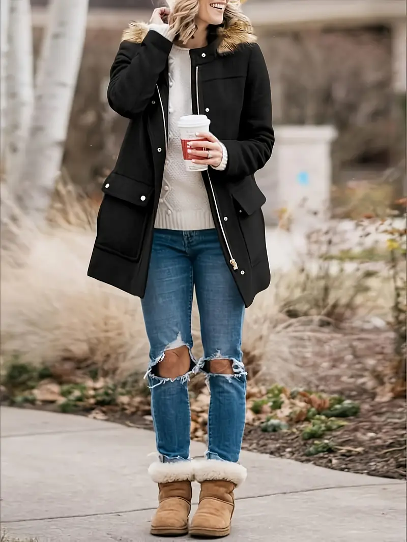 Name: Elegant Mid-Length Hooded Coat with Plush Fur Trim, Versatile Trendy Colors for Women