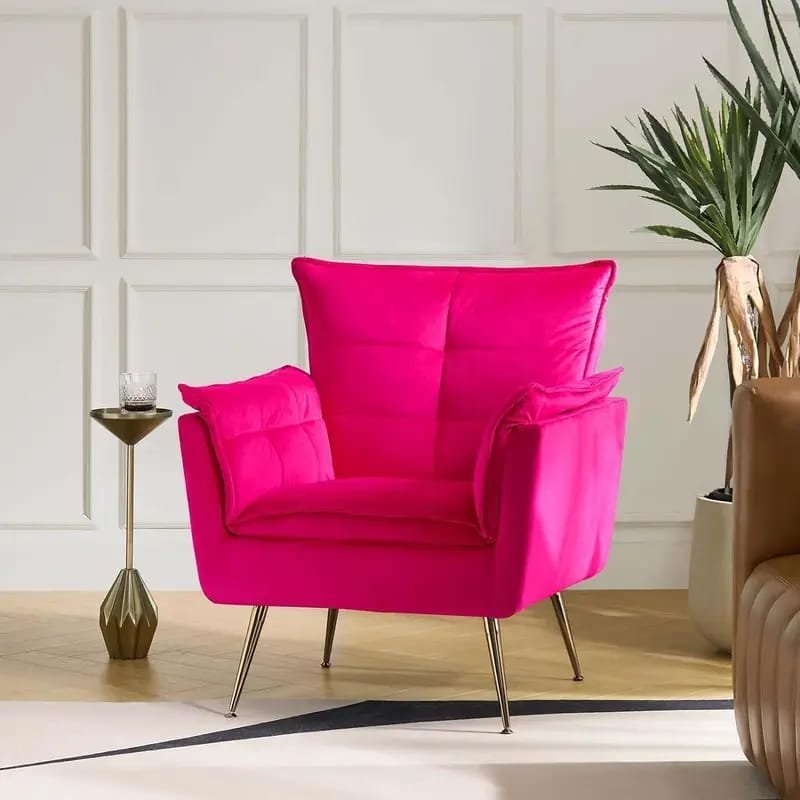 Modern Fuchsia Velvet Accent Chair with Tufted Padded Cushion, – Comfy Upholstered Armchair for Living Room or Bedroom, Soft Velvet Fabric, Wingback Design, Easy to Clean, Bedroom Accent Chair | Vibrant Decor Piece | Tufted Cushioning, Accent Chair for Living Room