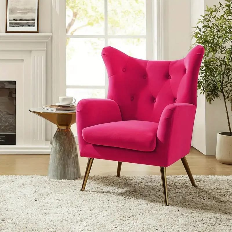Modern Fuchsia Velvet Accent Chair with Tufted Padded Cushion, – Comfy Upholstered Armchair for Living Room or Bedroom, Soft Velvet Fabric, Wingback Design, Easy to Clean, Bedroom Accent Chair | Vibrant Decor Piece | Tufted Cushioning, Accent Chair for Living Room