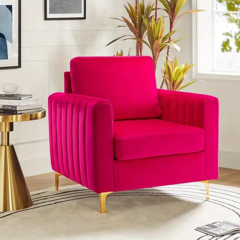 Modern Fuchsia Velvet Accent Chair with Tufted Padded Cushion, – Comfy Upholstered Armchair for Living Room or Bedroom, Soft Velvet Fabric, Wingback Design, Easy to Clean, Bedroom Accent Chair | Vibrant Decor Piece | Tufted Cushioning, Accent Chair for Living Room